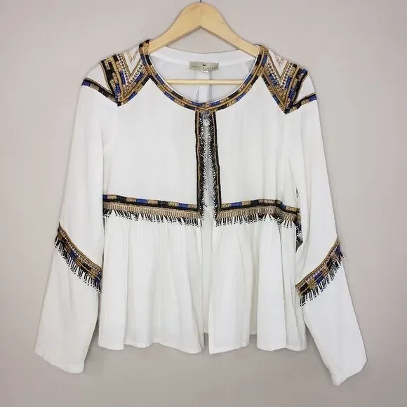 Del Lago Medium NWT Beige Long Sleeve Boho Beaded Embroidered Cropped Jacket - Picture 2 of 15